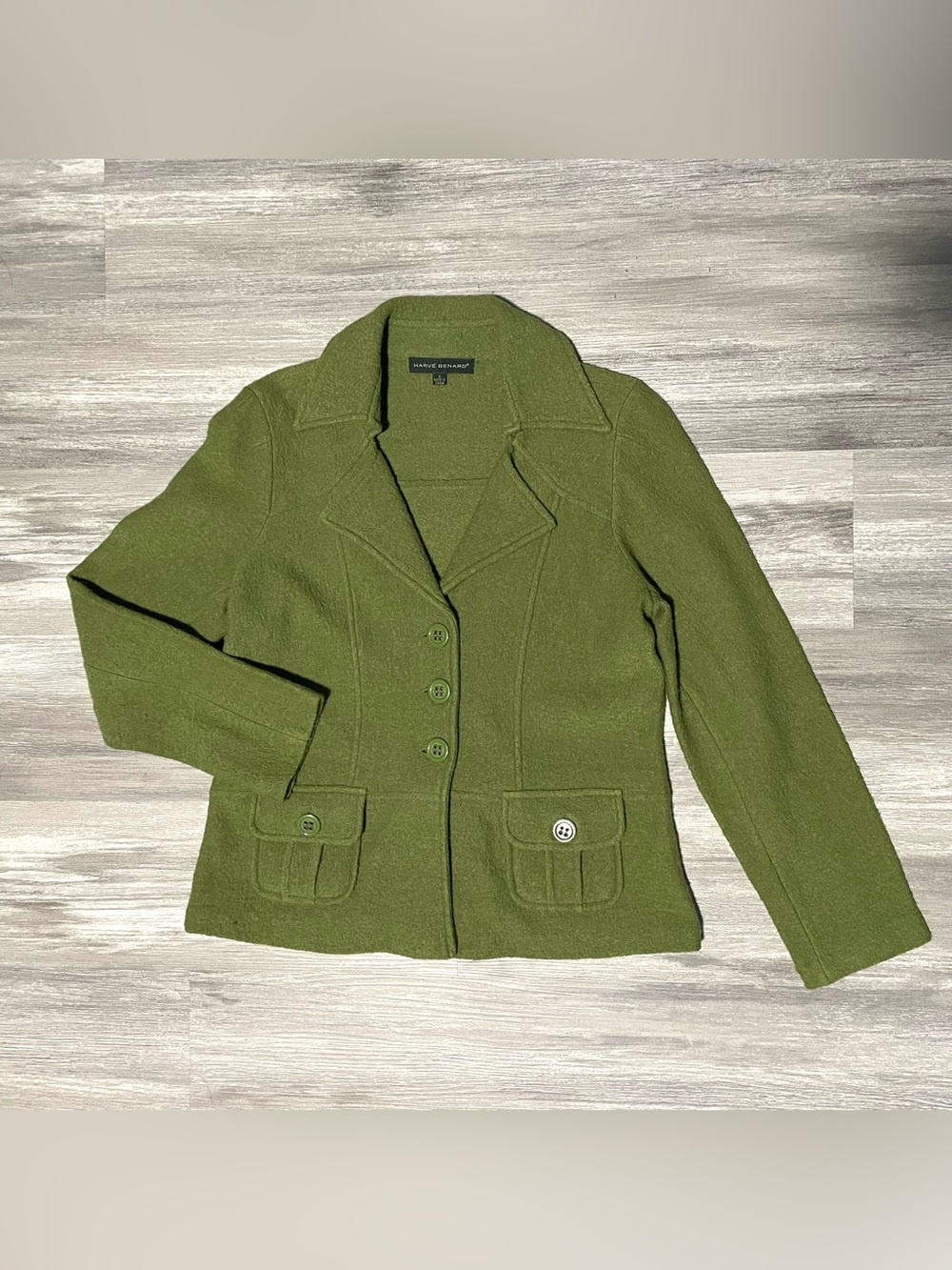 Harve Benard 100% Wool Olive Green Tailored Blazer Jacket Classic Career Chic